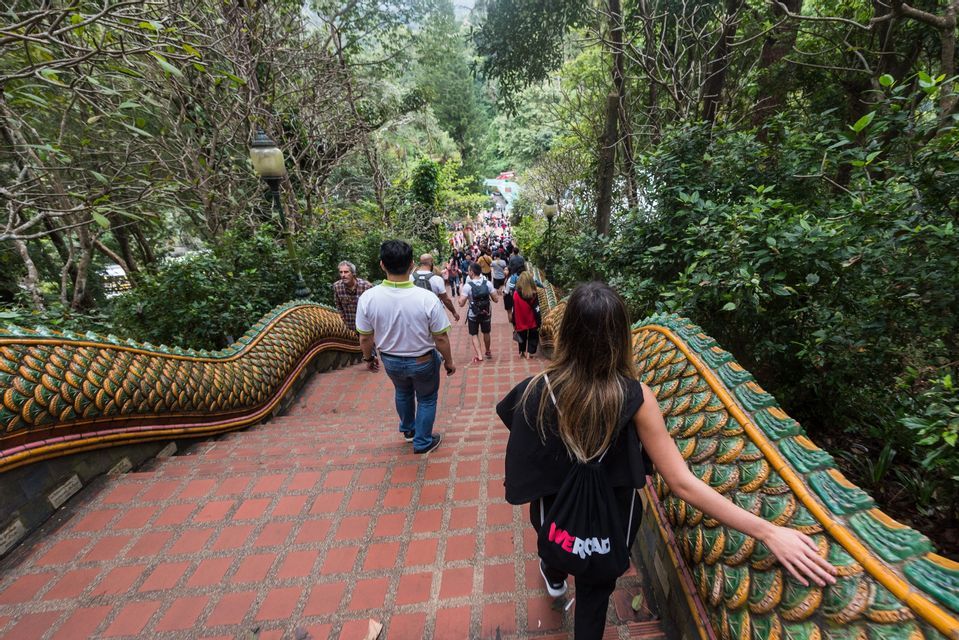 Eine WeRoad-Gruppe steigt eine lange, geflieste Treppe mit verzierten Drachenbalustraden hinab, umgeben von einem üppig grünen Wald.