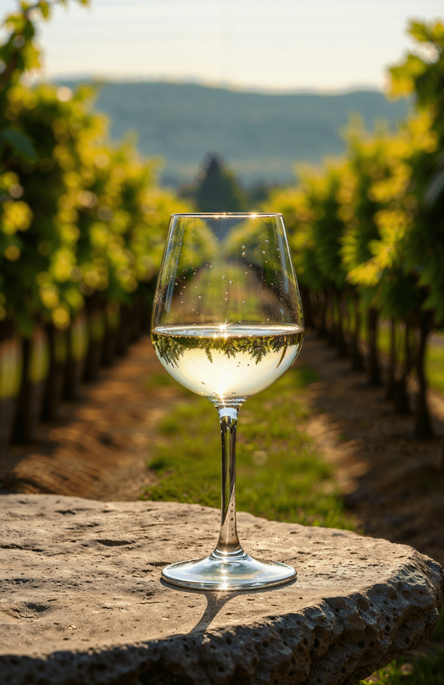 Un calice di vino bianco riposa su un muretto di pietra in un vigneto, con filari di viti baciate dal sole sullo sfondo.