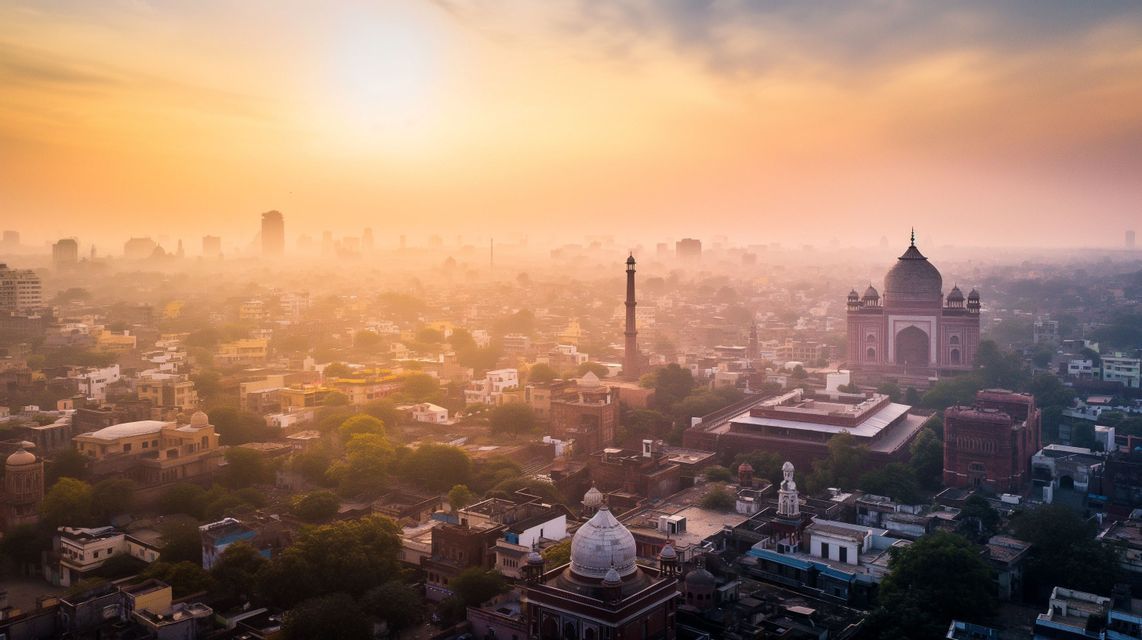 Una vista aérea de una ciudad histórica con una gran mezquita y minaretes durante un amanecer brumoso y dorado.