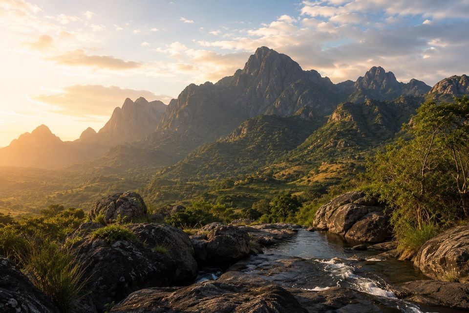 Un ruscello scende a cascata tra le rocce in una valle verde lussureggiante, con una catena montuosa sullo sfondo al tramonto.