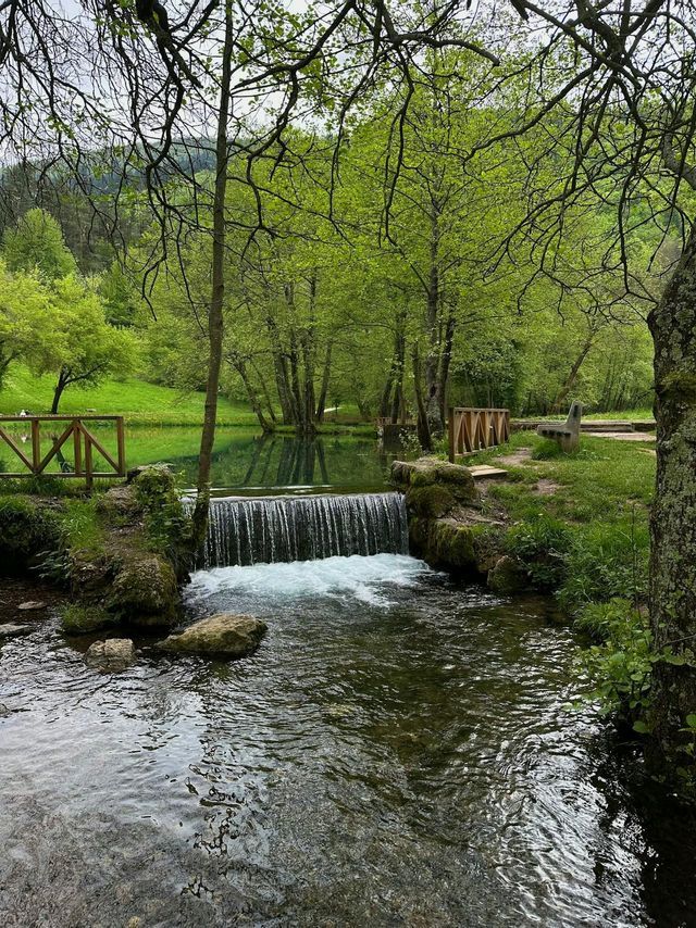 Ein kleiner Wasserfall fließt in einen Bach in einem üppig grünen Park, umgeben von Bäumen und einem Holzzaun.