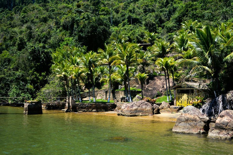 Panorama di un'insenatura tropicale con piccola spiaggia sabbiosa, palme e una capanna, sullo sfondo una lussureggiante collina boscosa.