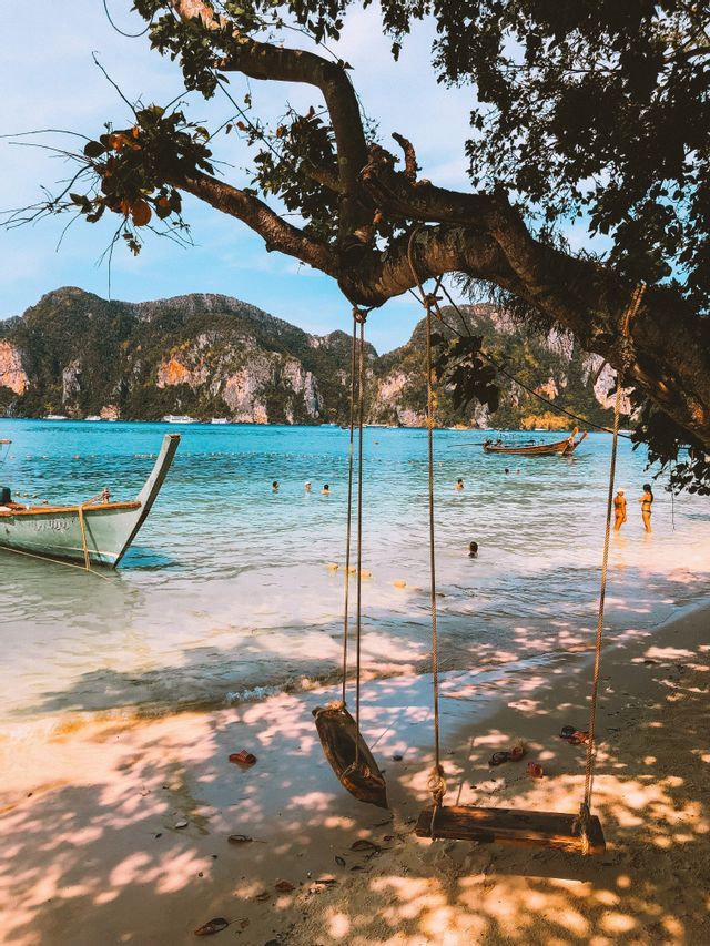 Une balançoire en bois vide est suspendue à une branche d'arbre au-dessus d'une plage de sable aux eaux turquoise et aux falaises au loin.