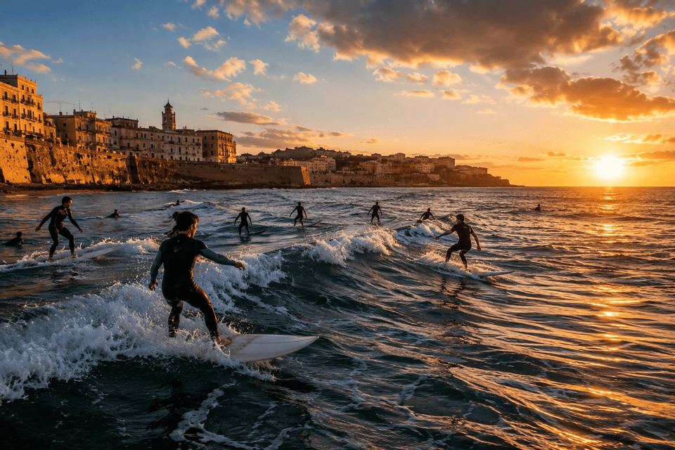 Un viaggio di gruppo WeRoad con persone in muta che fanno surf sulle onde dell'oceano al tramonto, con una città costiera sullo sfondo.