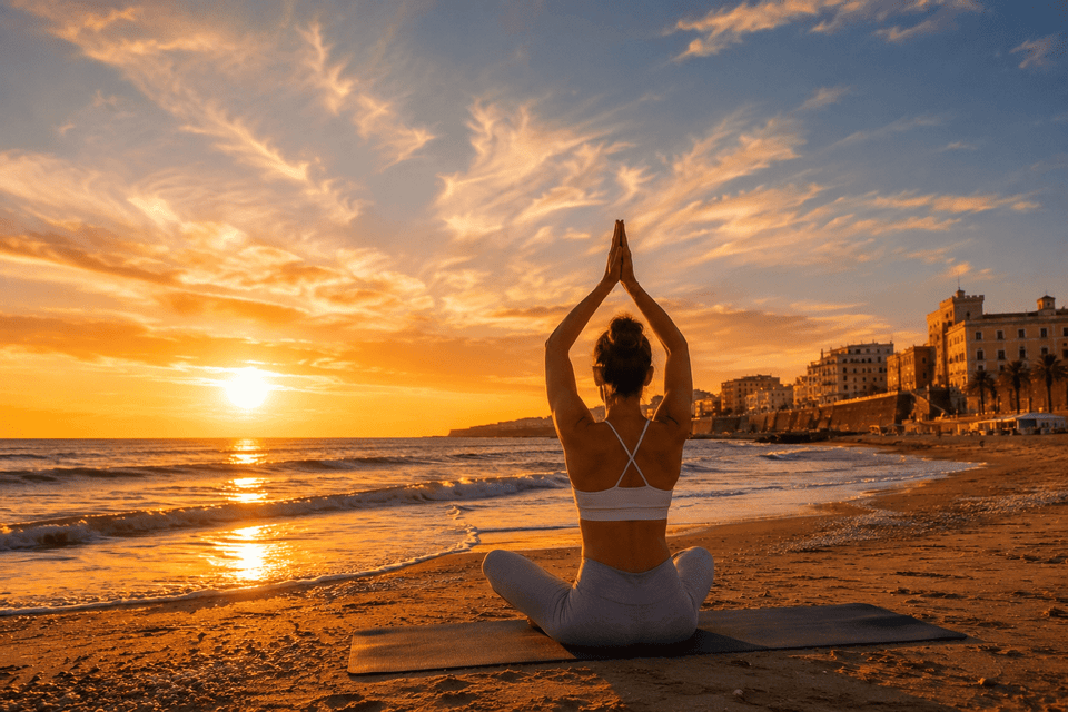 Una donna di spalle pratica yoga su un tappetino da spiaggia, di fronte a un tramonto dorato sull'oceano con una città sullo sfondo.