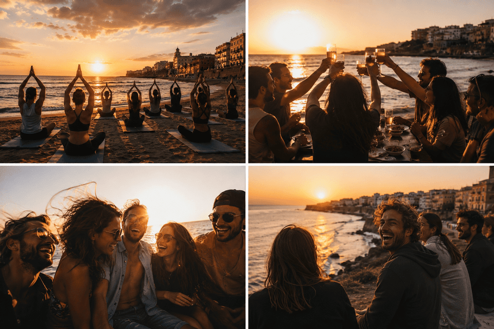 Un collage di quattro immagini che mostrano un viaggio di gruppo WeRoad mentre fa yoga, brinda e si gode il tramonto in riva al mare.