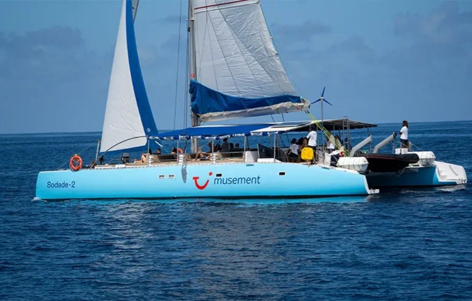 Un gran catamarán azul claro con pasajeros a bordo navega en mar abierto con sus velas desplegadas.