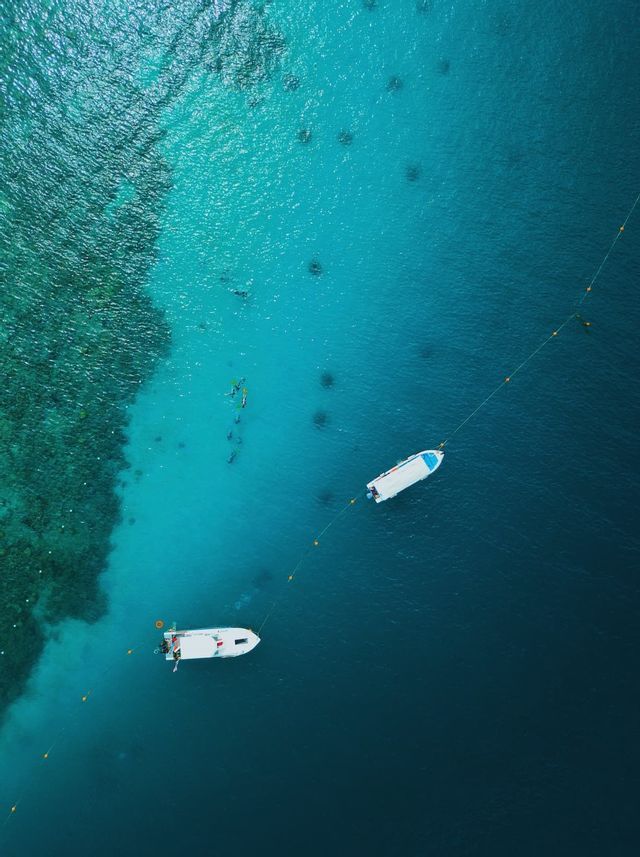 An aerial view of two white boats moored in turquoise water, with several people snorkeling nearby over a coral reef.