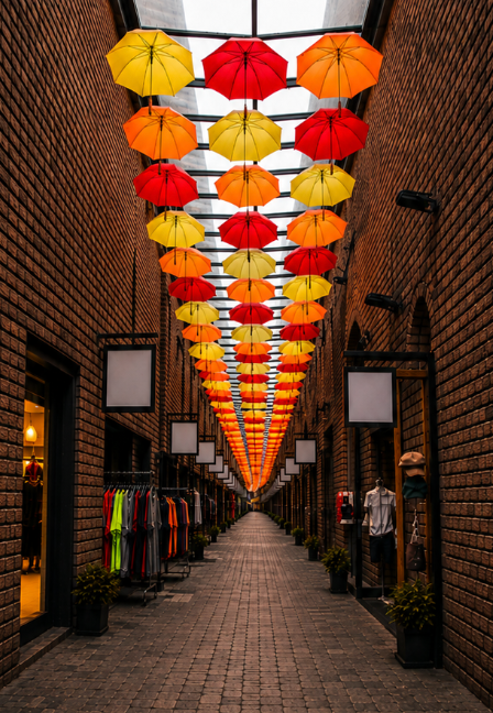 A canopy of red, yellow, and orange umbrellas hangs above a long, narrow brick shopping alley.