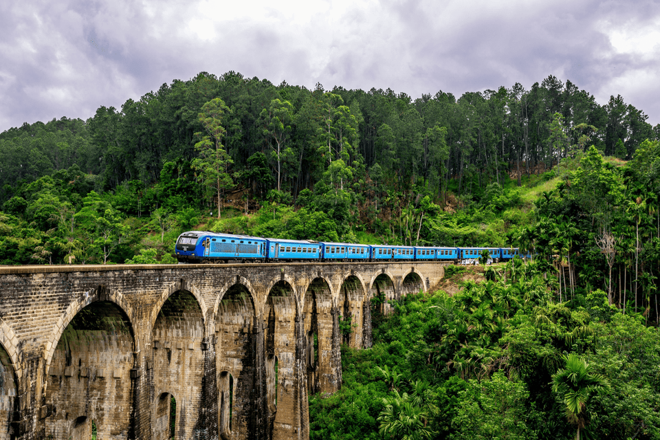 Un long train bleu traverse un viaduc en pierre à plusieurs arches, entouré d'une forêt verdoyante sous un ciel nuageux.