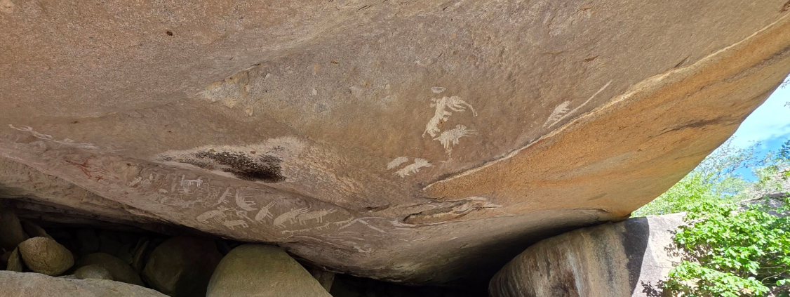 Antica arte rupestre con dipinti bianchi e rossi di animali sotto un grande strapiombo roccioso piatto.