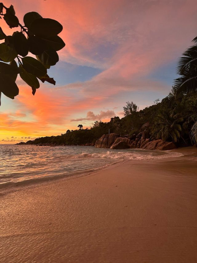 Una spiaggia sabbiosa al tramonto con dolci onde, una costa rocciosa e alberata e un cielo arancione e rosa.