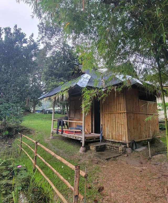 Une petite cabane en bambou avec un porche se trouve dans un paysage verdoyant luxuriant, à côté d'un étang bordé d'une clôture en bois.