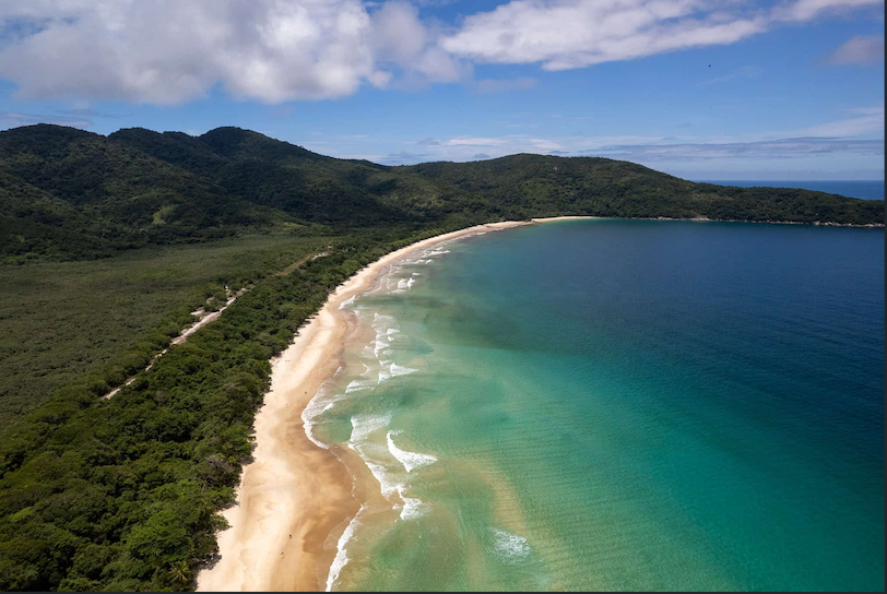 An aerial view of a long, sandy beach curving along a coastline bordered by a lush green forest, with turquoise water under a blue sky.