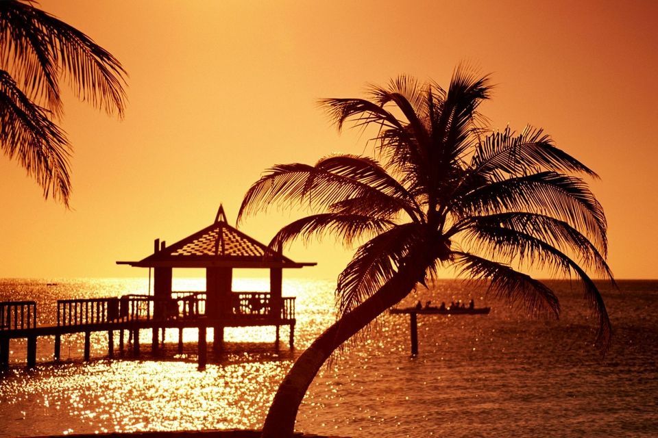 Eine Palmen-Silhouette und ein Pier mit einem Pavillon über dem Meer während eines warmen, orangefarbenen Sonnenuntergangs, wobei sich das Licht auf dem Wasser spiegelt.
