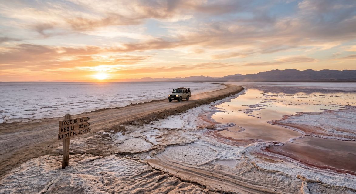 Ein Geländewagen einer WeRoad-Gruppenreise fährt bei Sonnenuntergang auf einem unbefestigten Damm über die Salzwüste Chott el Jerid.