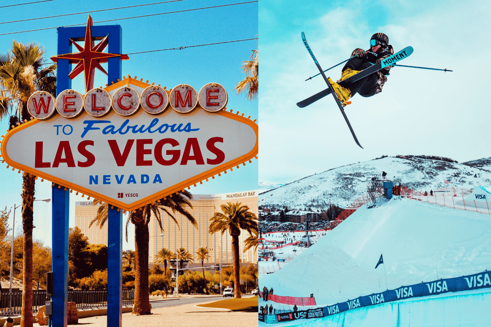 Un díptico que muestra el cartel de «Bienvenido a Las Vegas» a la izquierda y un esquiador de estilo libre en el aire sobre una pendiente nevada a la derecha.