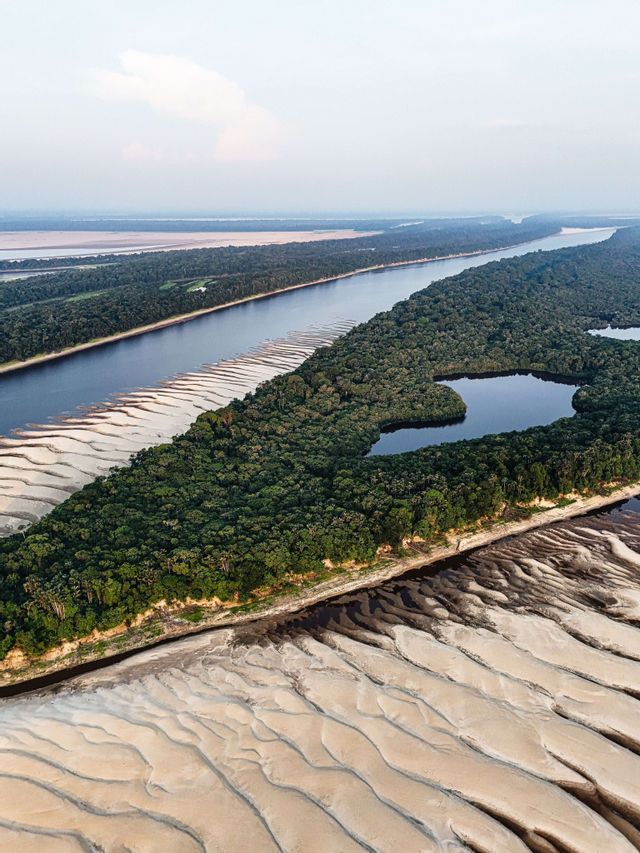 Veduta aerea di un grande fiume con banchi di sabbia bianca affioranti che circonda un'isola di fitta foresta verde contenente una piccola laguna.