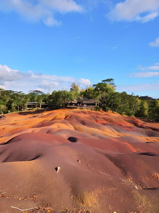 Un paesaggio di dune ondulate e multicolori nei toni del rosso e del viola, con una piattaforma panoramica e una foresta sullo sfondo.