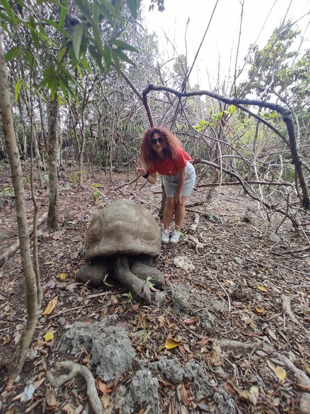 Una donna dai capelli rossi e ricci posa con il segno della pace accanto a una tartaruga gigante su un terreno foglioso in una foresta.