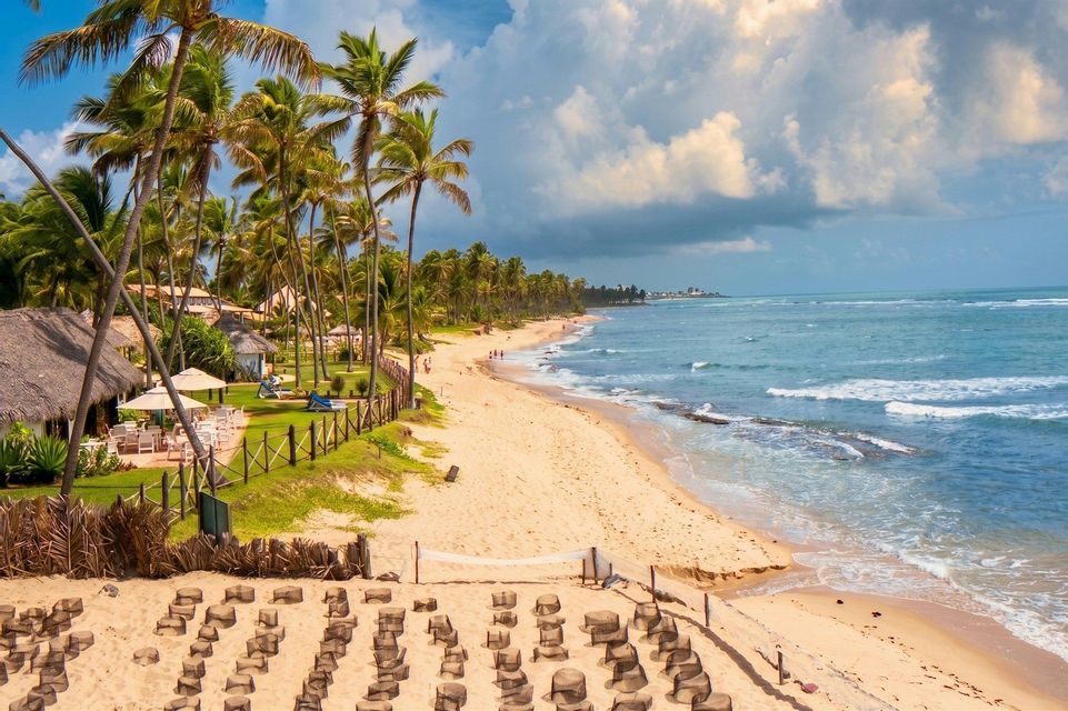Ampia veduta di una spiaggia tropicale sabbiosa fiancheggiata da palme, adiacente a un'area resort con posti a sedere all'aperto e un campo da pallavolo.