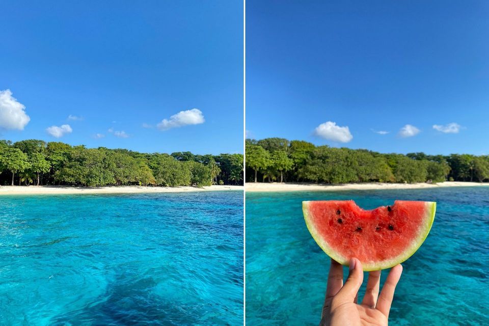Ein Diptychon, das eine tropische Insel mit türkisfarbenem Wasser und eine Hand zeigt, die eine Scheibe Wassermelone vor der Aussicht hält.