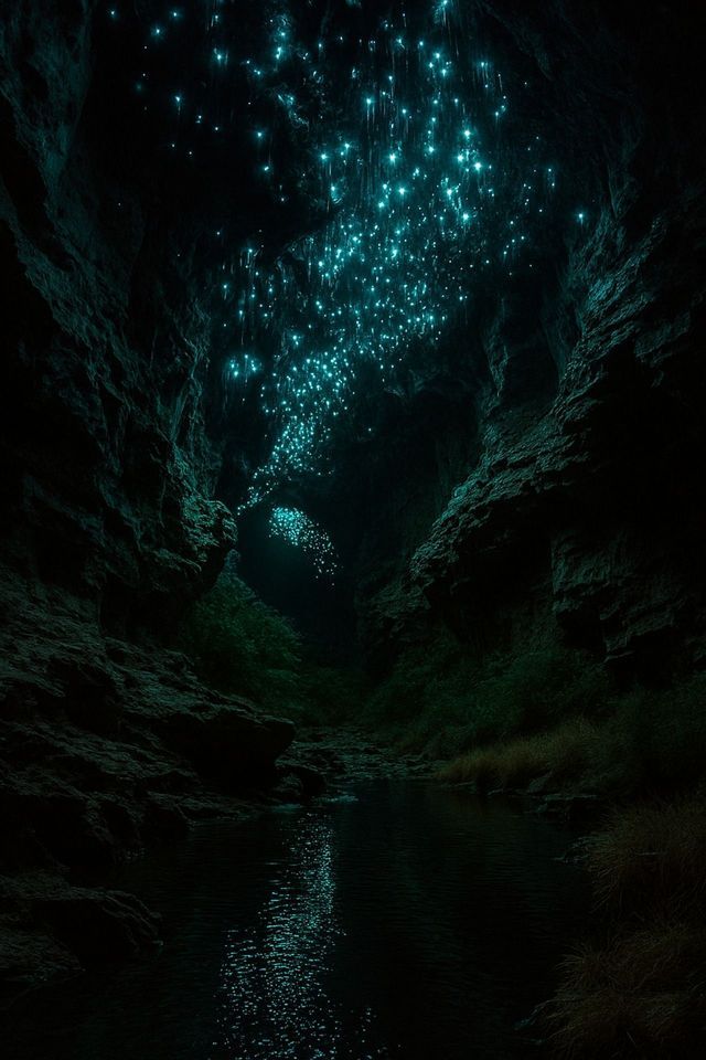 Lucciole bioluminescenti pendono dal soffitto di una grotta buia, la loro luce blu si riflette sull'acqua calma di un ruscello sottostante.
