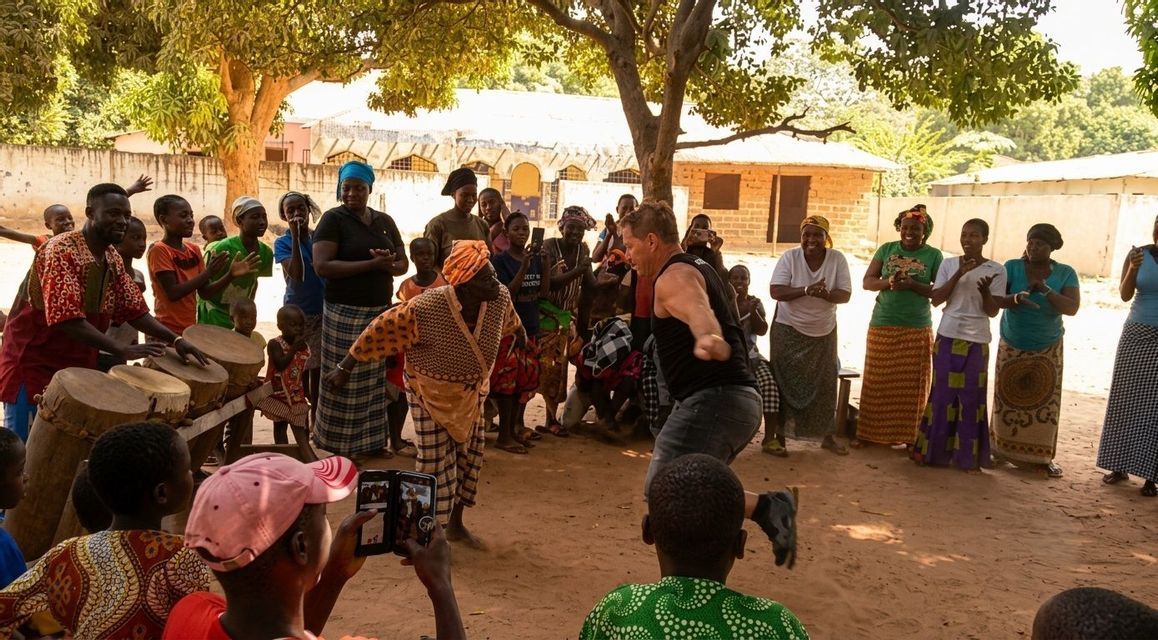 Un membro del gruppo WeRoad balla con una donna locale mentre altri osservano, applaudono e suonano i tamburi in un villaggio.