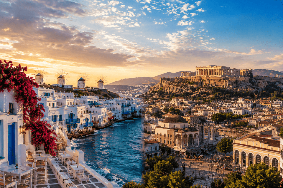 Un'immagine composita che ritrae un'isola greca con edifici bianchi e mulini a vento, affiancata da una veduta cittadina dell'Acropoli di Atene.