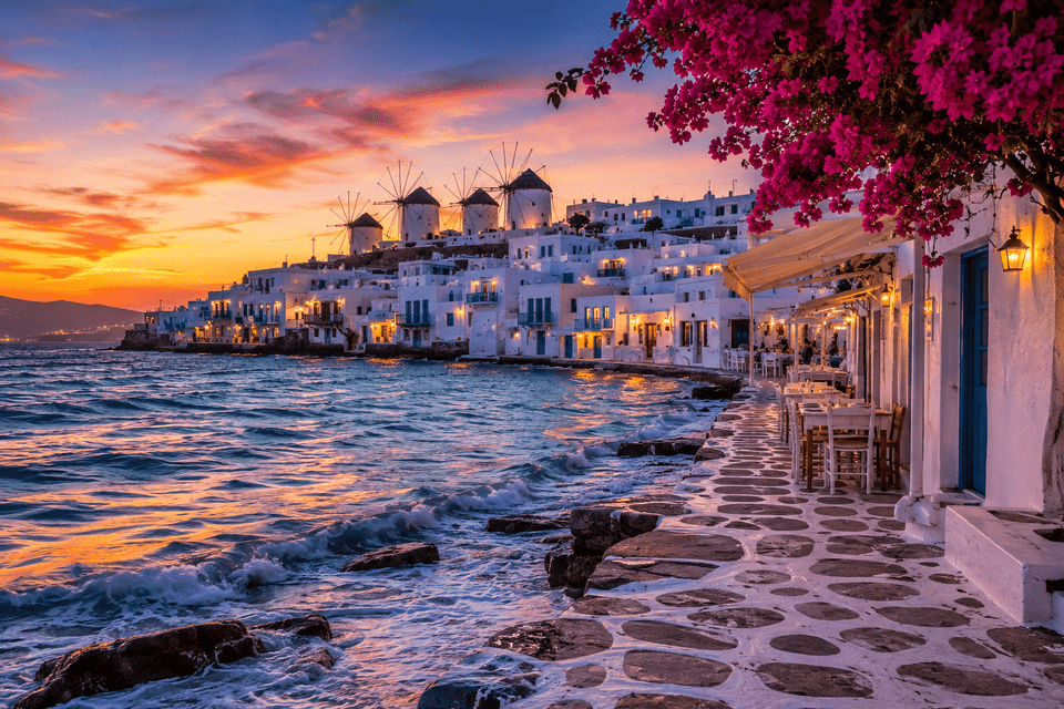 Una passerella in pietra lungo il mare conduce a un paese di case bianche e mulini a vento su una collina sotto un tramonto colorato.