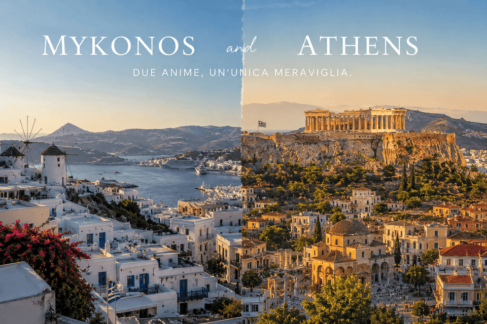Un'immagine a schermo diviso che contrappone i mulini a vento di Mykonos sulla sinistra con l'Acropoli di Atene sulla destra al tramonto.