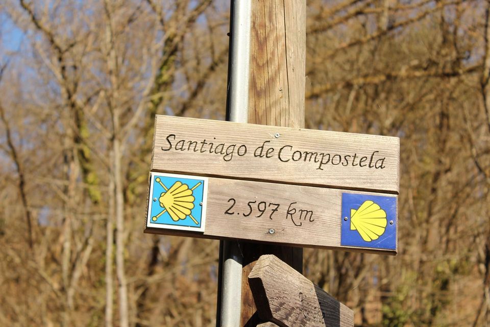 Un cartello di legno sul Cammino di Santiago che indica 2.597 km a Santiago de Compostela.
