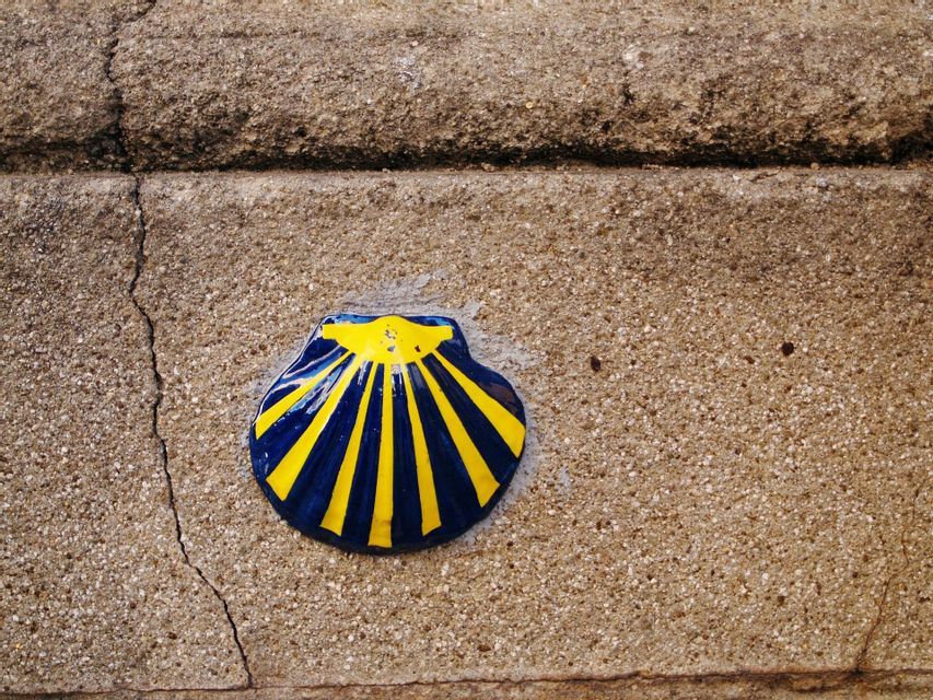 Un primo piano di una conchiglia di capasanta in ceramica blu e gialla, simbolo del Cammino di Santiago, incastonata in un muro di pietra texturizzato.