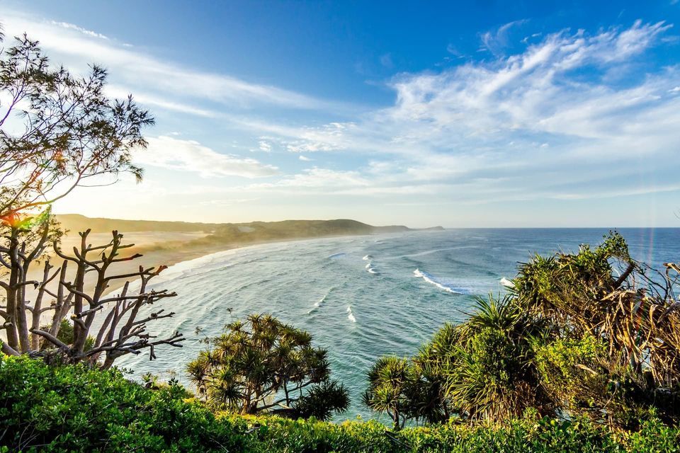 An elevated view from a lush green clifftop of a sandy beach curving along the coastline next to the ocean under a blue sky.