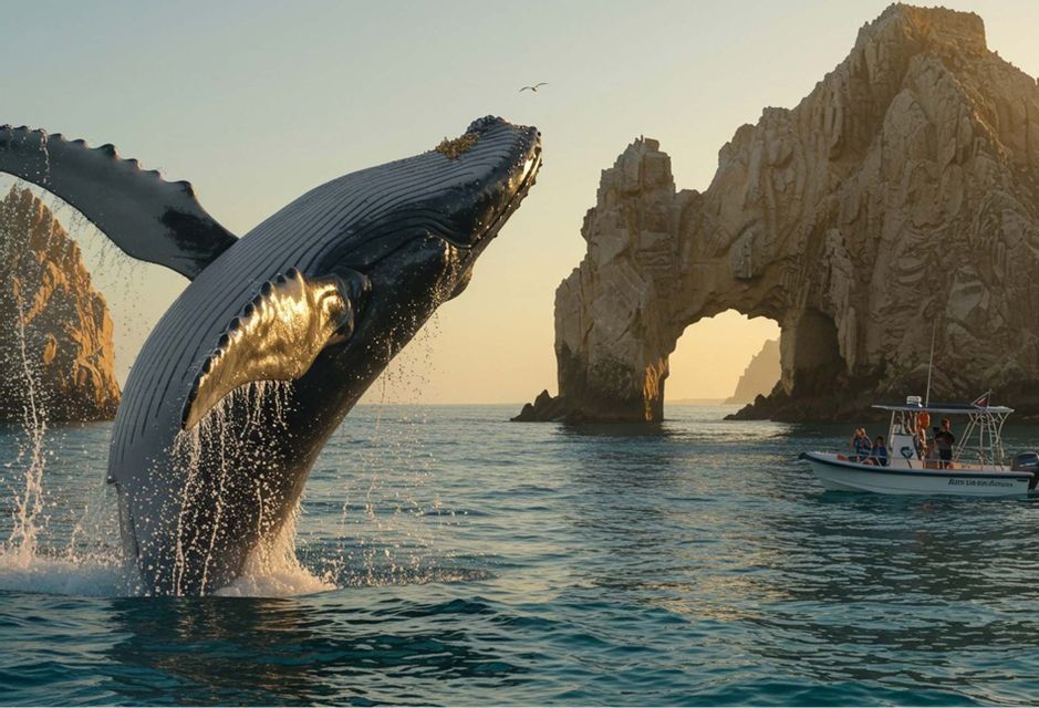 Un viaggio di gruppo WeRoad in barca osserva una balena megattera che salta accanto a un grande arco di roccia al tramonto.