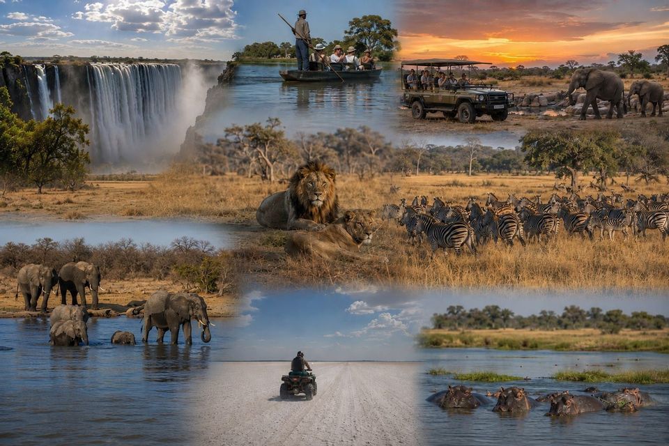 Eine Fotocollage einer WeRoad Gruppenreise-Safari mit Wasserfall, Elefanten, Löwen, Zebras und Flusspferden.