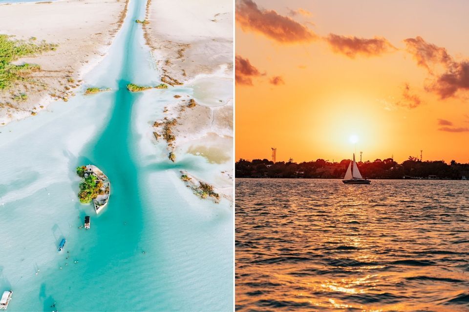 Ein Diptychon, das eine Luftaufnahme einer türkisfarbenen Lagune mit einem gesunkenen Boot und ein Segelboot auf dem Meer bei Sonnenuntergang zeigt.