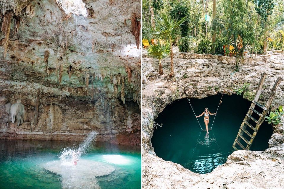 Ein Diptychon zeigt das Innere einer Cenote mit Stalaktiten und einem Wasserspritzer, sowie eine Frau auf einer Schaukel über der Cenotenöffnung.