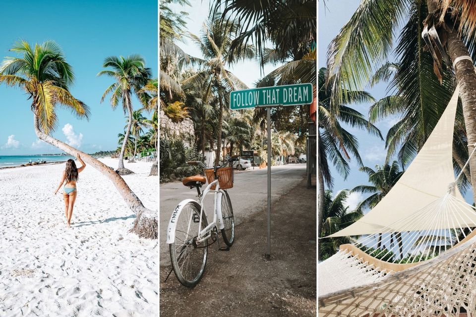 Eine Collage aus drei tropischen Szenen: einer Frau am Sandstrand, einem Fahrrad neben einem 'Follow that Dream'-Schild und einer Hängematte.