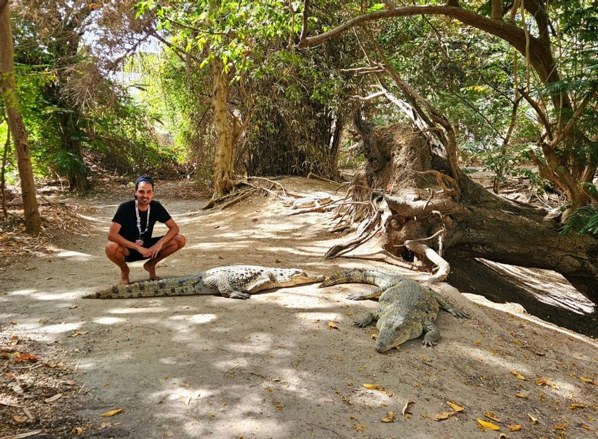 Ein lächelnder Mann hockt barfuß auf einem Sandweg neben drei großen Krokodilen, mit einem üppig grünen Wald im Hintergrund.