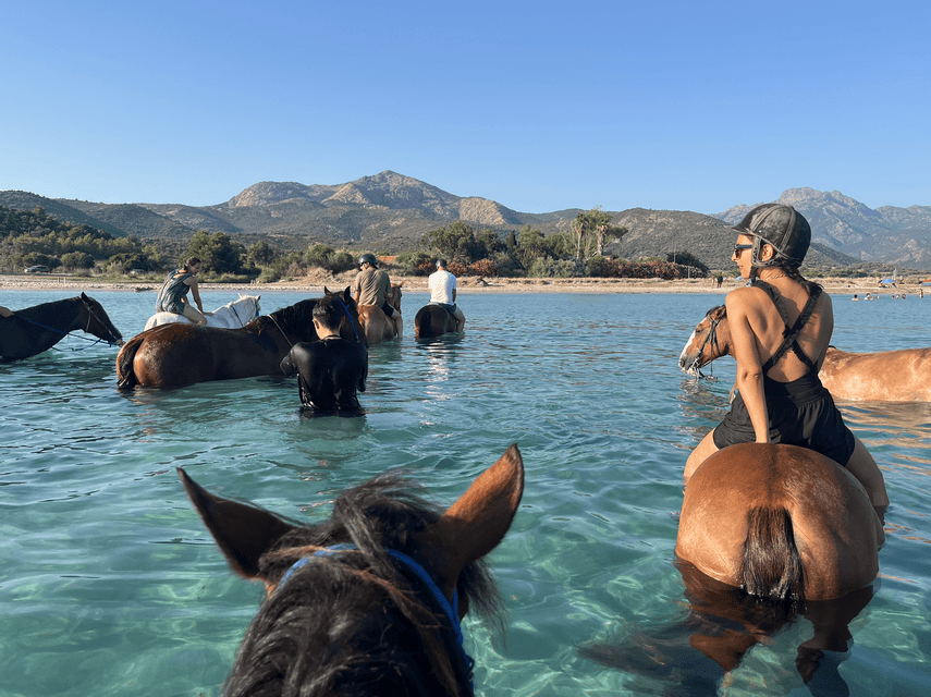 Voyage de groupe WeRoad : Balade à cheval dans les eaux claires et peu profondes d'une baie, avec les montagnes en toile de fond.