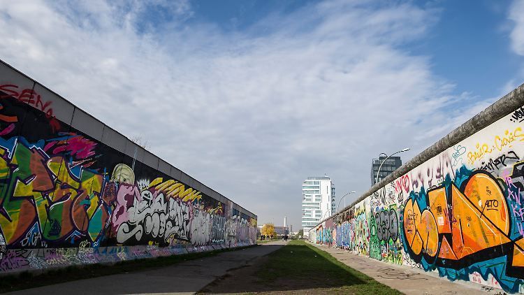 Due lunghe pareti di cemento ricoperte di graffiti colorati formano una passerella con edifici moderni visibili in lontananza sotto un cielo nuvoloso.