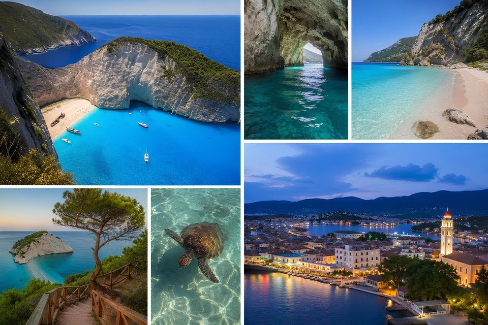 Un collage di sei immagini di scene costiere greche, tra cui una spiaggia con relitto, una grotta marina, una tartaruga marina e una cittadina costiera al tramonto.