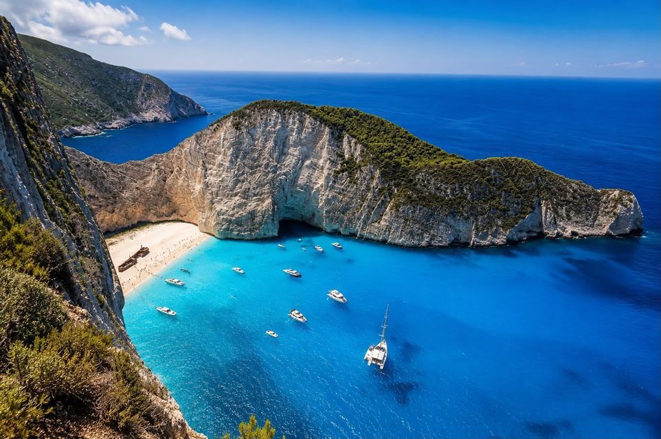 Una vista aerea di una caletta isolata con una spiaggia di sabbia bianca, un relitto e numerose imbarcazioni sull'acqua turchese.