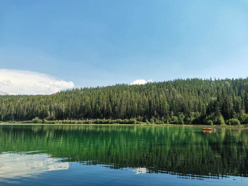 Une forêt dense de pins se reflète dans les eaux calmes et vertes d'un lac, où un petit bateau gonflable orange flotte au loin.