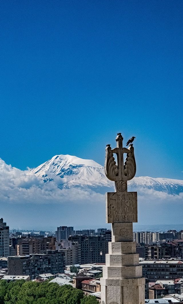 Un oiseau noir est perché sur un monument en pierre sculptée surplombant une ville, avec une montagne enneigée s'élevant au-dessus des nuages.