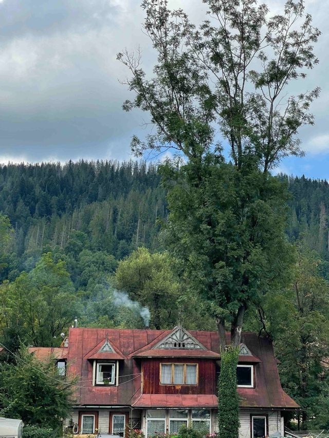 Une maison rustique au toit rouge est située au pied d'une colline dense et boisée, avec de la fumée s'élevant de sa cheminée.