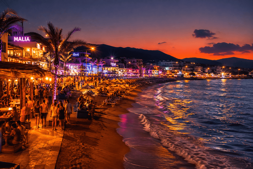Una spiaggia affollata al tramonto, con persone che si godono la vita notturna in bar e locali illuminati sul lungomare, sotto un cielo colorato.