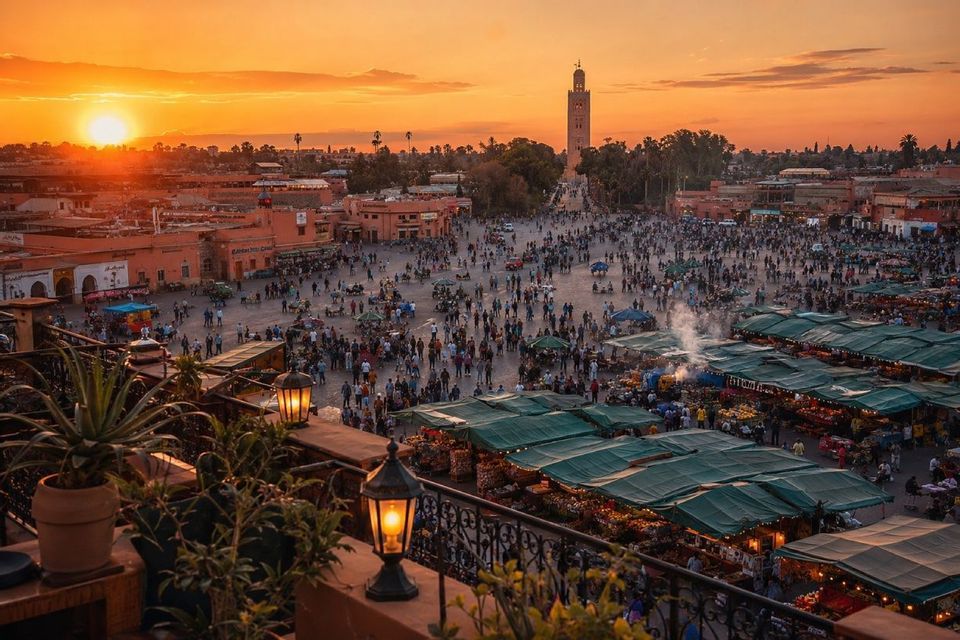 Vista elevada de una plaza concurrida con puestos de mercado y un minarete lejano bajo un atardecer naranja.