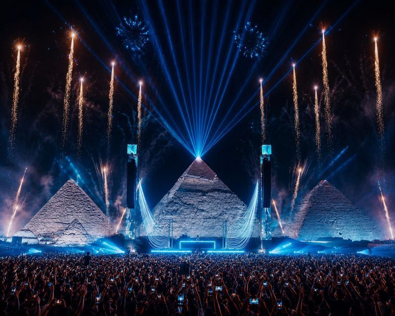 Une foule nombreuse assiste à un concert nocturne avec un spectacle de lumière bleue et des feux d'artifice qui explosent derrière trois grandes pyramides.